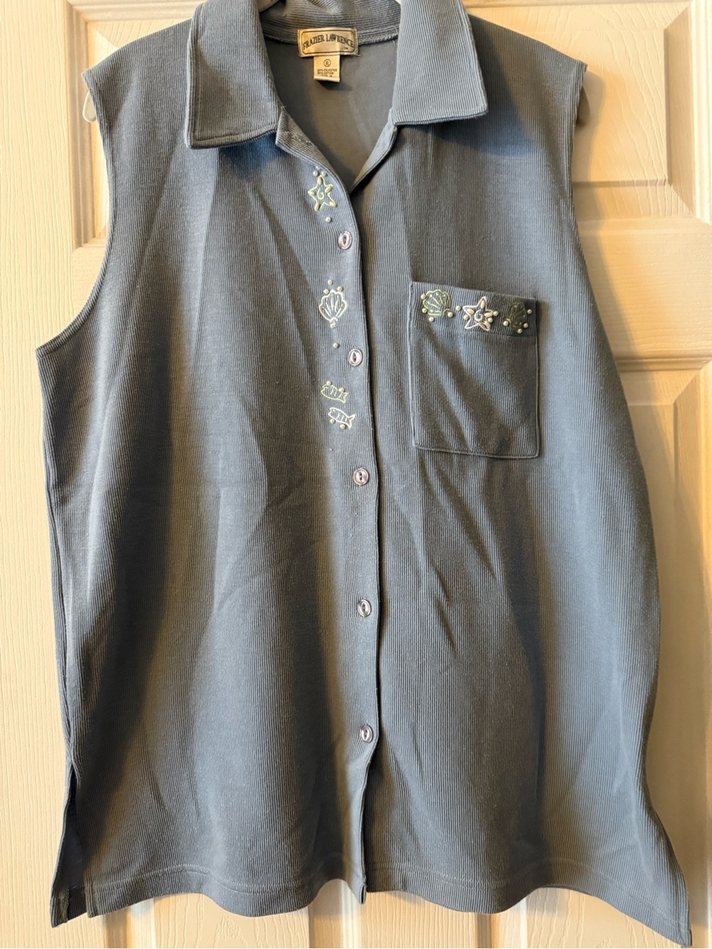 Frazier Lawrence Blue Sleeveless Knit Top Beach Seashell Embroidered Size XL